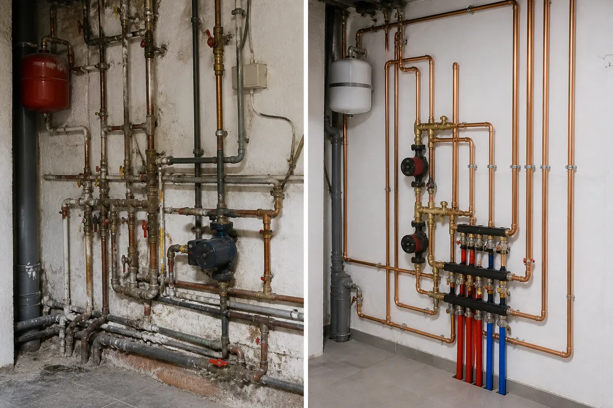 Representative before and after plumbing pipework upgrade